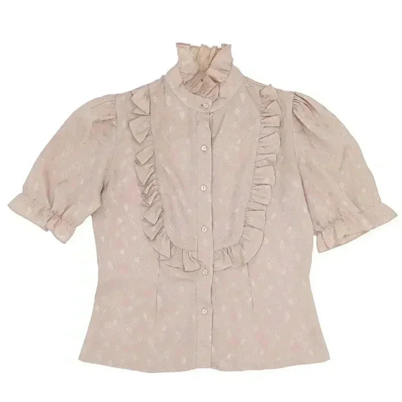 Vintage Tan Leaf Bib Ruffle Blouse Size Medium Short Puff Sleeve Summer Top - Picture 4 of 4